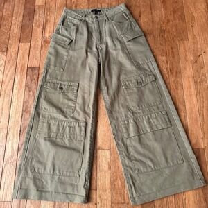 Y2K Grunge Cargo Pants Womens Small Wide Leg Multi Pocket Olive Green Forever 21